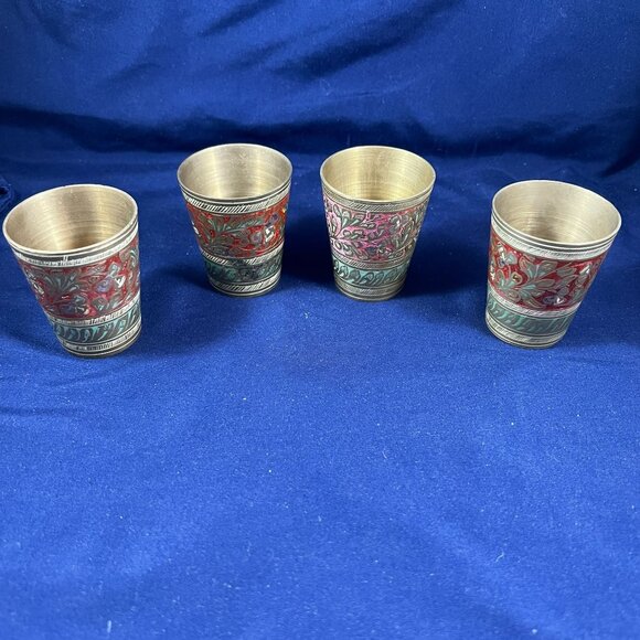 Vintage Brass Shot Glasses With Intricate Red & Green Floral Detailing And Woode - Picture 3 of 7